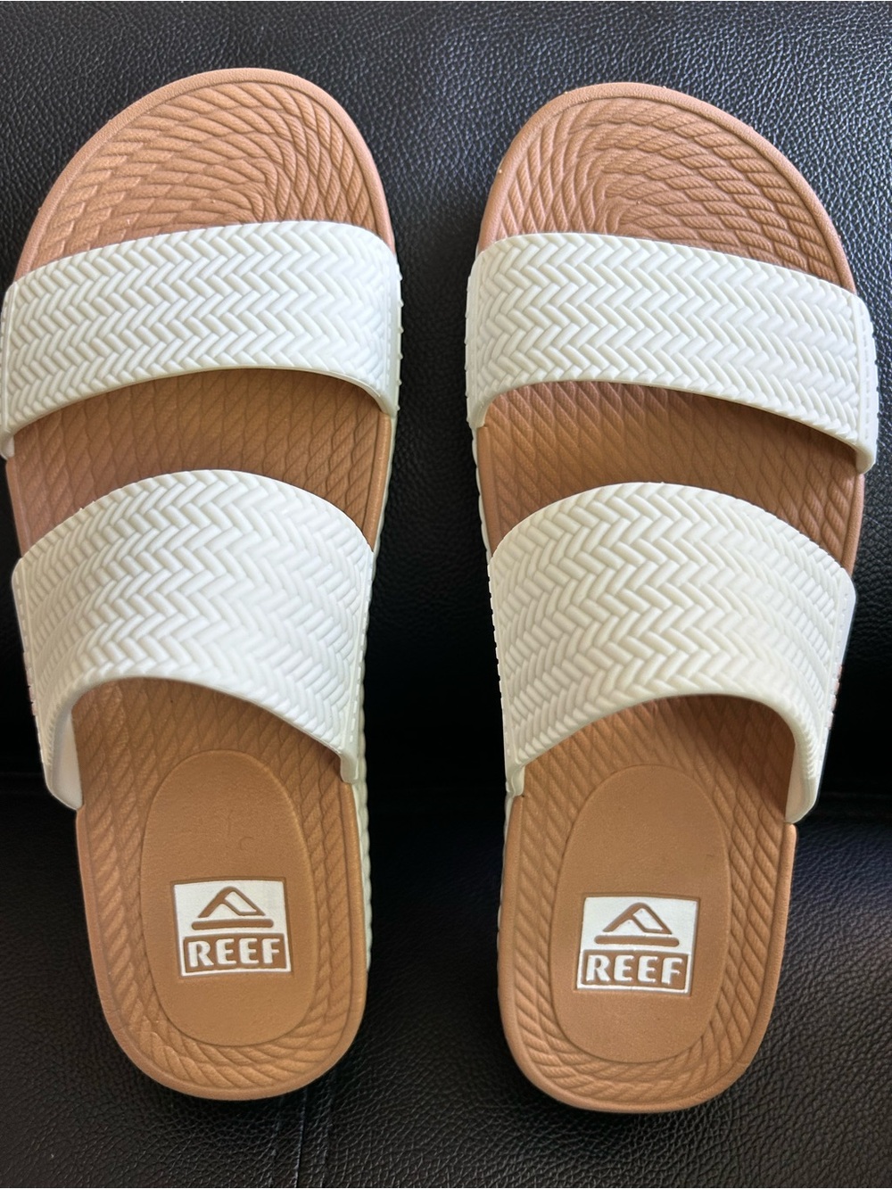 Reef White and Tan Slide Sandals
